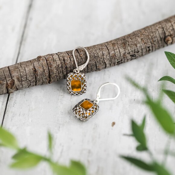 Recycled Vintage Brown Bleach Jug Vintage Quilted Square Earrings - Picture 2 of 6